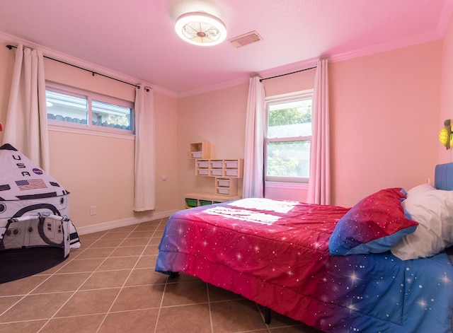 tiled bedroom with crown molding