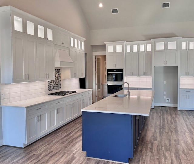 kitchen featuring white cabinetry, sink, an island with sink, custom range hood, and appliances with stainless steel finishes