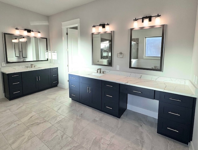 bathroom with a shower and vanity