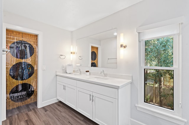 bathroom with vanity and wood-type flooring