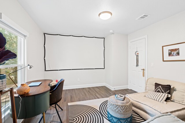 home theater featuring wood-type flooring