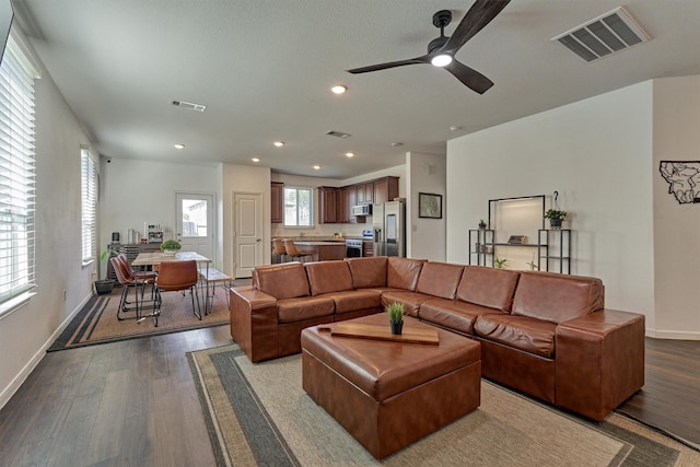 living room with ceiling fan and hardwood / wood-style floors