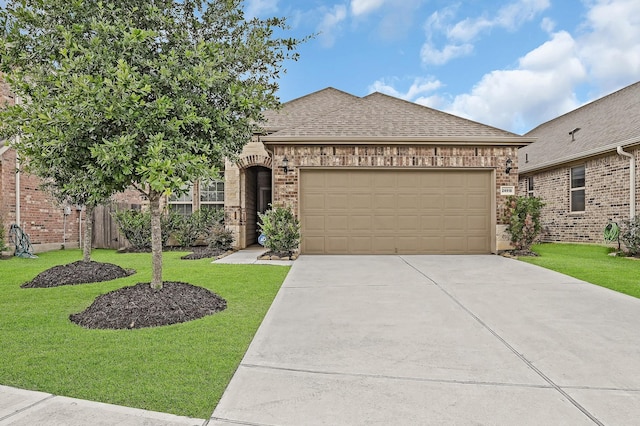 view of front of property with a garage and a front lawn