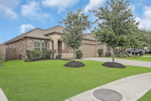 view of front of home with a front yard and a garage