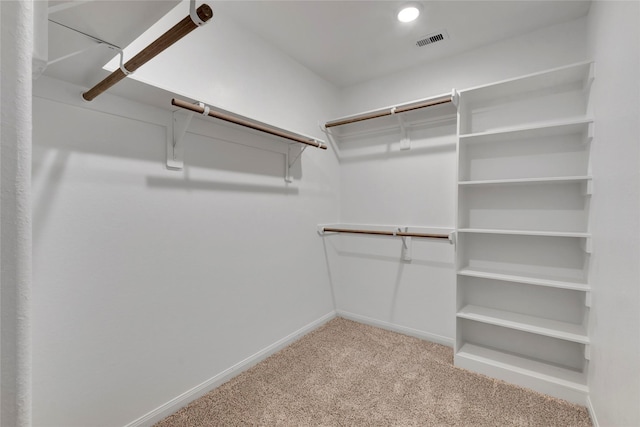 walk in closet featuring light colored carpet