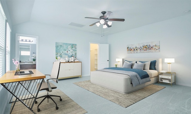 carpeted bedroom featuring ensuite bathroom, ceiling fan, lofted ceiling, and multiple windows