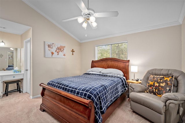 bedroom with ceiling fan, crown molding, light colored carpet, and vaulted ceiling