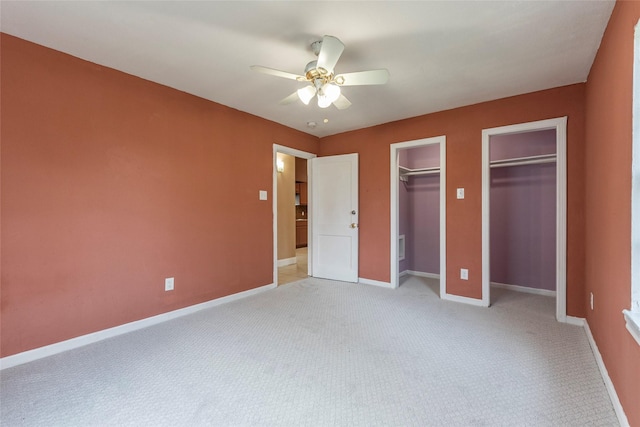 unfurnished bedroom with light carpet and ceiling fan