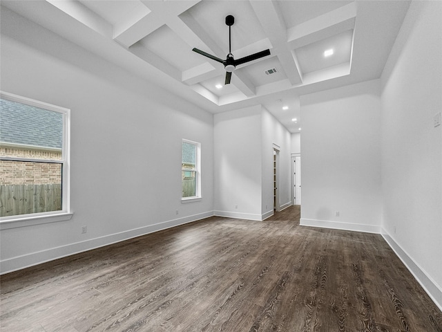 unfurnished living room featuring ceiling fan, dark hardwood / wood-style flooring, beamed ceiling, and coffered ceiling