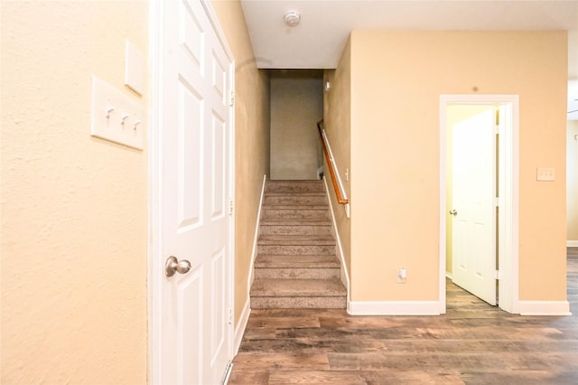 stairway featuring hardwood / wood-style floors