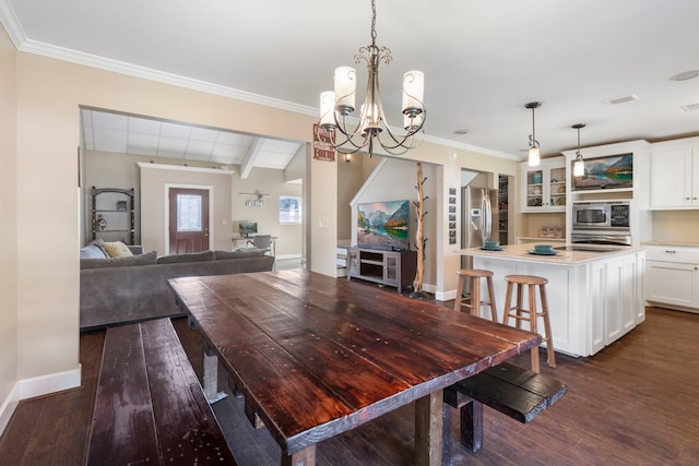 dining area with beamed ceiling, crown molding, dark wood-type flooring, and an inviting chandelier