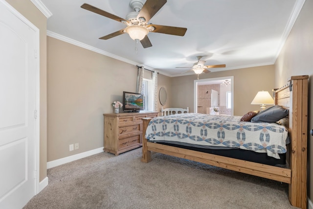 bedroom with crown molding, carpet flooring, connected bathroom, and ceiling fan