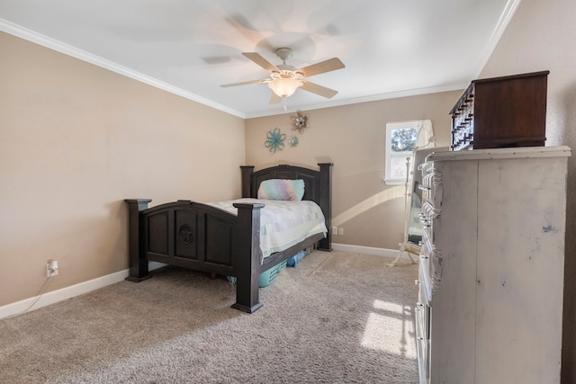 bedroom featuring crown molding, ceiling fan, and light carpet