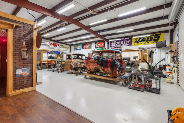 garage with a workshop area