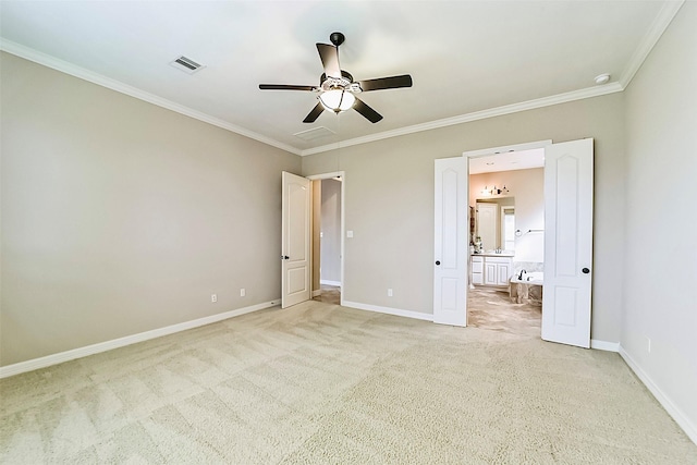 unfurnished bedroom featuring ceiling fan, light carpet, and ornamental molding