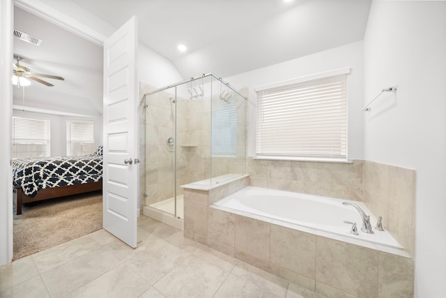 bathroom with lofted ceiling, ceiling fan, and separate shower and tub