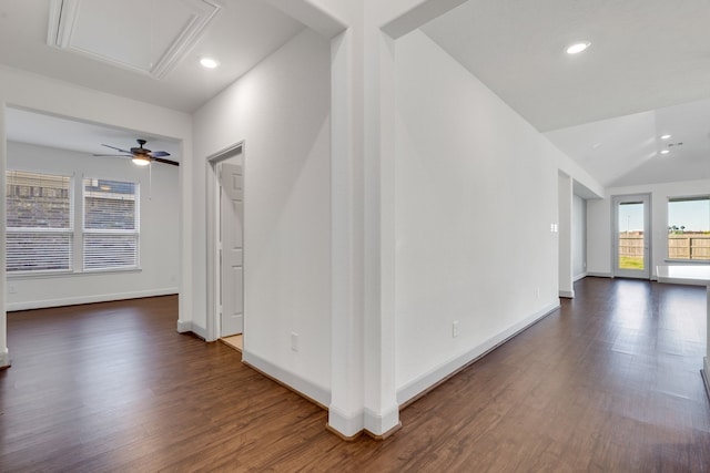 hallway featuring dark hardwood / wood-style flooring and vaulted ceiling