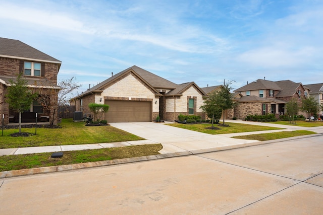 view of front of house featuring central AC unit, a front yard, and a garage