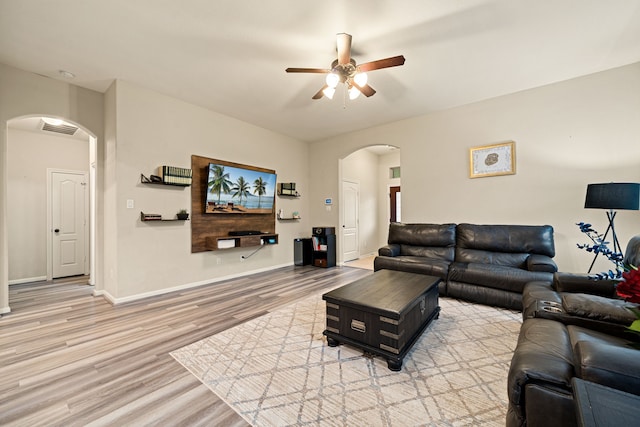 living room with ceiling fan and wood-type flooring