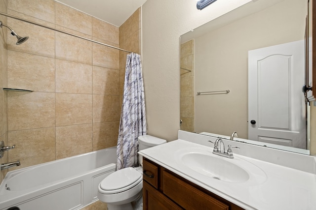 full bathroom featuring vanity, toilet, and shower / bathtub combination with curtain