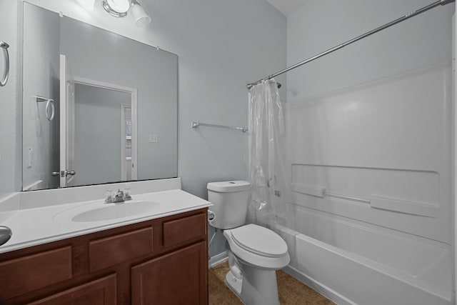 full bathroom with shower / bath combination with curtain, toilet, and vanity