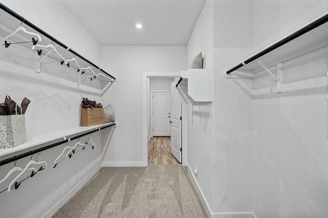 spacious closet featuring light carpet