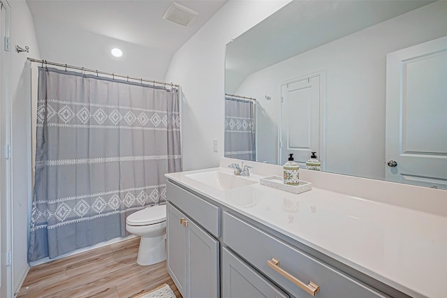 bathroom with vanity, lofted ceiling, a shower with curtain, toilet, and wood-type flooring