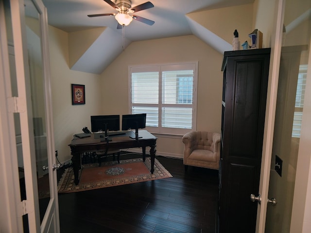 office area featuring ceiling fan, dark hardwood / wood-style floors, and vaulted ceiling