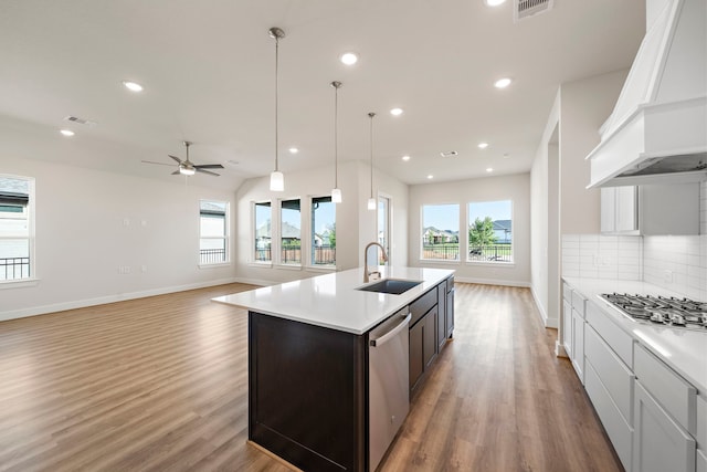 9760 Rockwell Dr, Willis, TX 77318 - kitchen with stainless steel appliances, custom range hood, light wood-type flooring, and recessed lighting