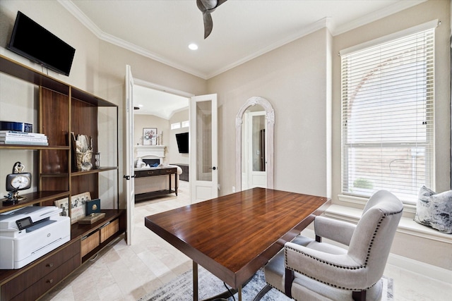 office area featuring ceiling fan, ornamental molding, and french doors