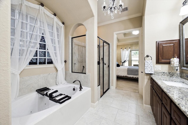 bathroom with a notable chandelier, shower with separate bathtub, crown molding, and vanity