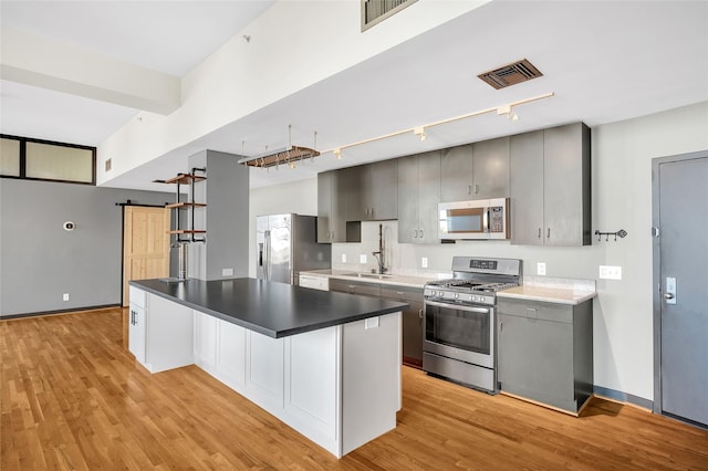 kitchen with sink, stainless steel appliances, a barn door, light hardwood / wood-style floors, and a kitchen island