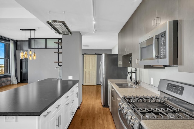 915 Franklin St Unit 3G, Houston, TX 77002 - kitchen featuring stainless steel appliances, sink, pendant lighting, a barn door, and hardwood / wood-style floors