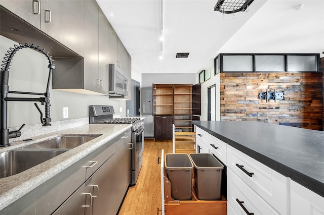 915 Franklin St Unit 3G, Houston, TX 77002 - kitchen featuring gray cabinetry, sink, rail lighting, appliances with stainless steel finishes, and light hardwood / wood-style floors