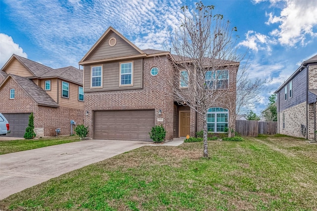 view of front of property with a garage and a front lawn