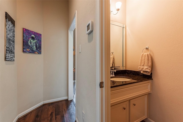 bathroom with wood-type flooring and vanity