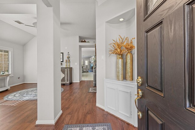 entrance foyer with lofted ceiling and dark wood-type flooring