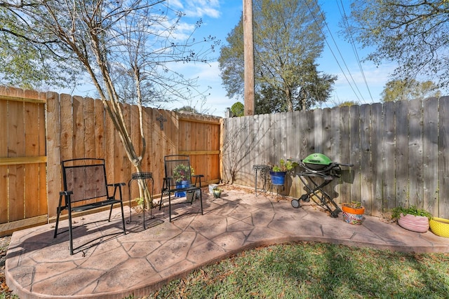 view of patio with a fenced backyard and grilling area