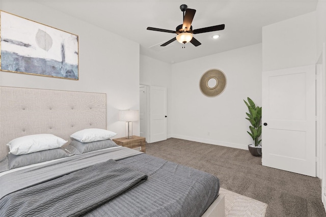 carpeted bedroom featuring ceiling fan