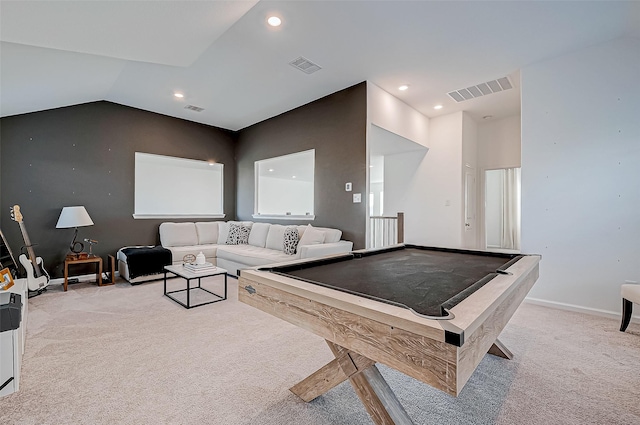 playroom with light colored carpet, pool table, and vaulted ceiling