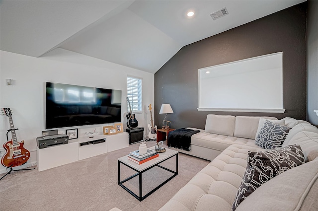 living room with light colored carpet and vaulted ceiling