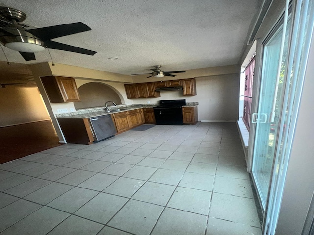 kitchen with a textured ceiling, ceiling fan, sink, dishwasher, and black range with electric stovetop