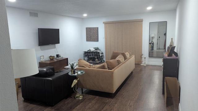 living room featuring dark wood-type flooring