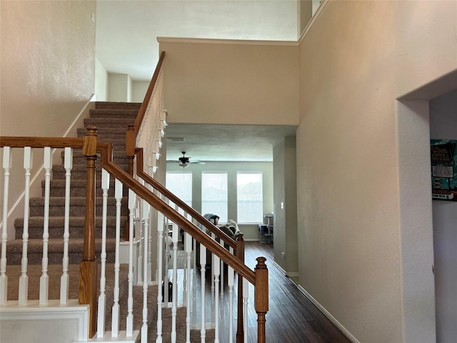 stairs featuring hardwood / wood-style flooring and ceiling fan