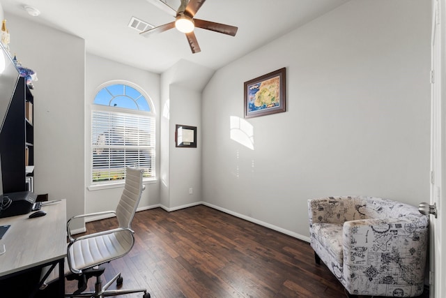 office area featuring dark hardwood / wood-style flooring and ceiling fan