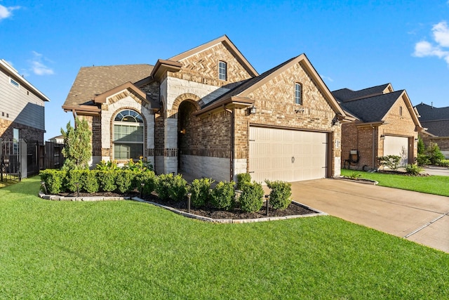 view of front of property with a front yard and a garage