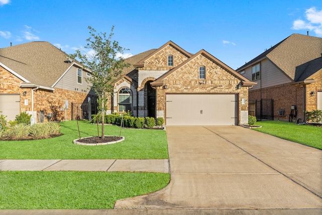 view of front of property featuring a front yard and a garage