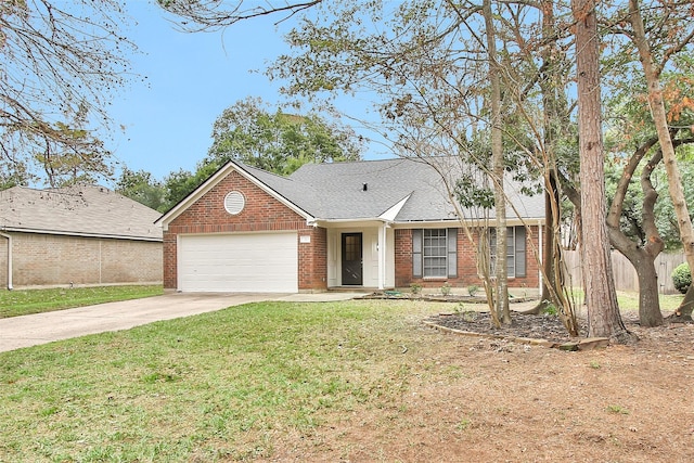 single story home featuring a garage and a front yard