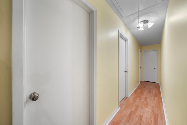 hall featuring a textured ceiling and light hardwood / wood-style flooring