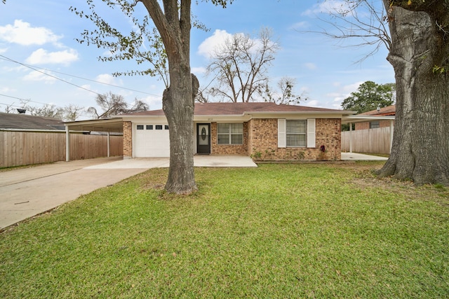 ranch-style home with a carport, a garage, and a front yard